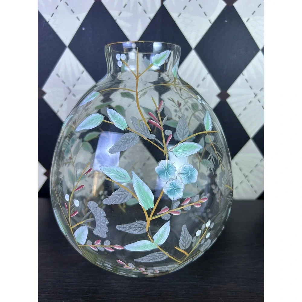 Anthropologie Bella Handpainted Floral Glass Vase Large 9.5 Inch